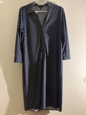 Talbots Navy Blue White Geometric Diamond Print Collared Shirt Dress | MP